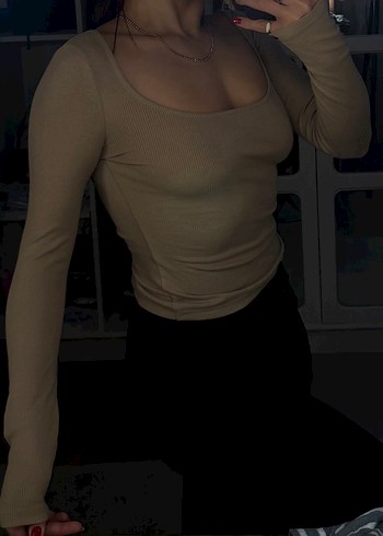 Bej fitilli kare yaka uzun kollu - Görsel 3