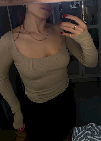 Bej fitilli kare yaka uzun kollu - Görsel 2