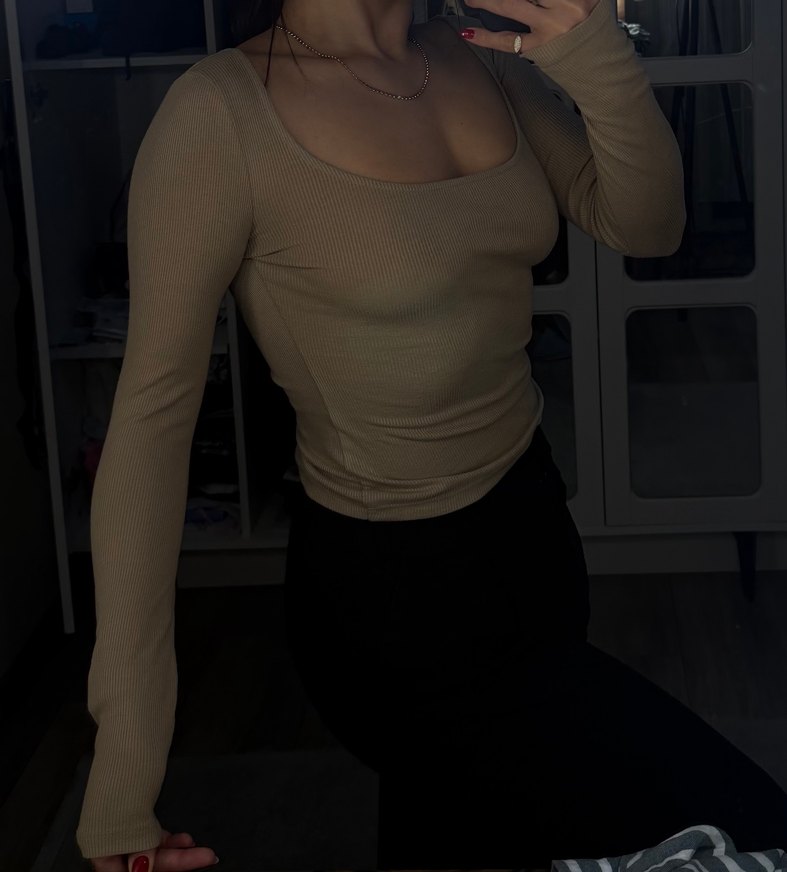 Bej fitilli kare yaka uzun kollu - Görsel 3