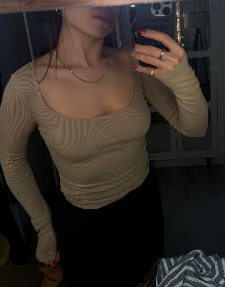 Bej fitilli kare yaka uzun kollu - Görsel 2