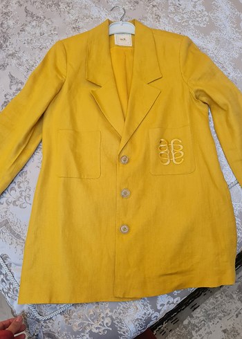 Düğmeli Sarı Keten Kadın Blazer Ceket - Görsel 2