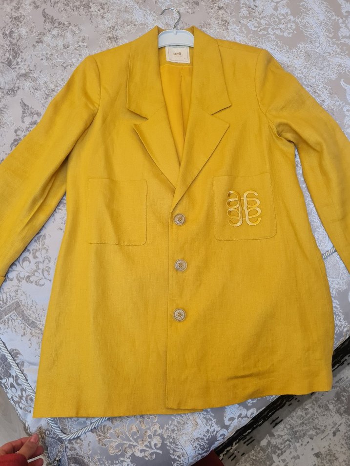 Düğmeli Sarı Keten Kadın Blazer Ceket - Görsel 2