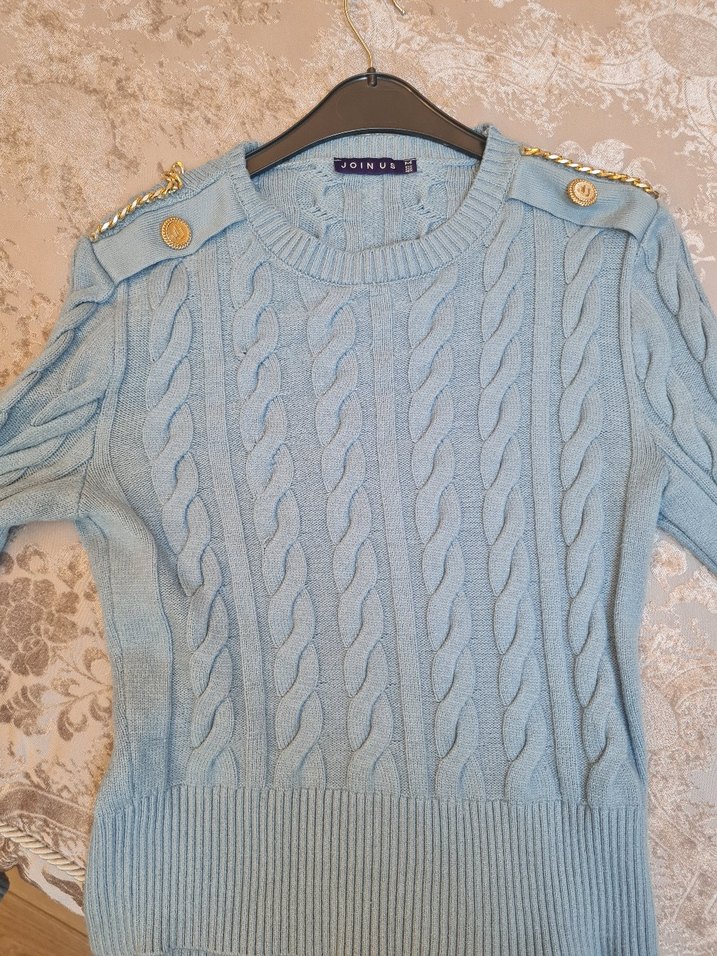 Örgü Detaylı Mavi Kadın Mini Kazak - Görsel 2