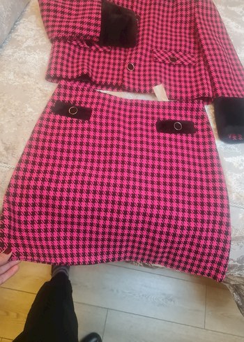 Düğmeli Pembe Mini Ekose Kadın Ceket etek takim - Görsel 3