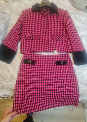 Düğmeli Pembe Mini Ekose Kadın Ceket etek takim - Görsel 2