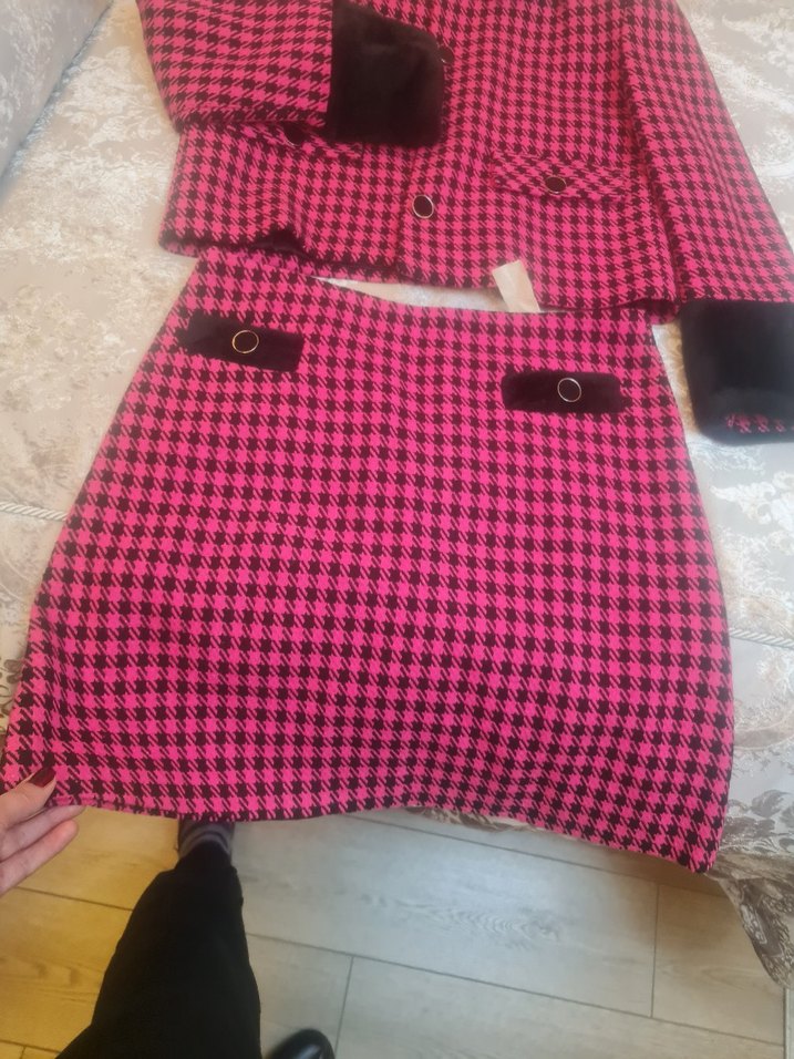 Düğmeli Pembe Mini Ekose Kadın Ceket etek takim - Görsel 3