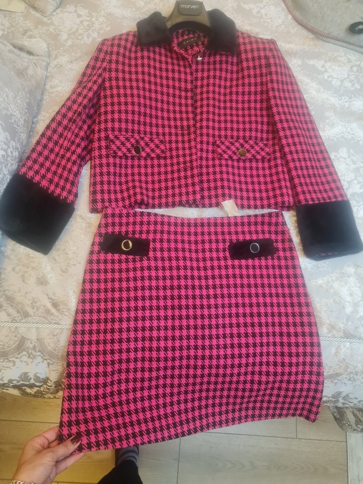 Düğmeli Pembe Mini Ekose Kadın Ceket etek takim - Görsel 2