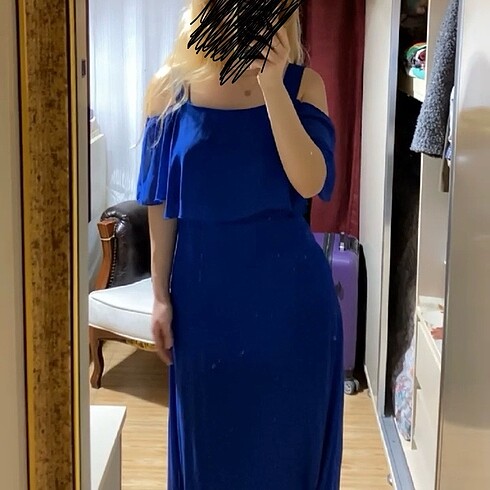 36 Beden lacivert Renk Saks Mavisi Uzun Abiye Elbise