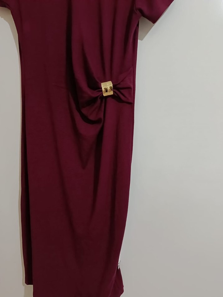 Bordo Kemer Detaylı Midi Elbise - Görsel 5