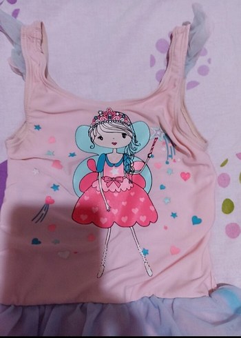Kız Çocuk Pembe Baskılı Kolsuz Mayo