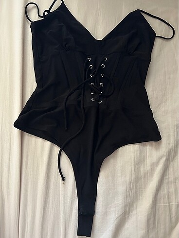 s Beden siyah bağcıklı korseli bodysuit body üst top