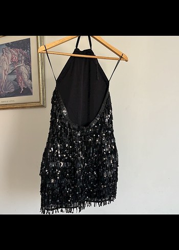 Pull and Bear Siyah Parlak Boncuk İşlemeli Mini Abiye
