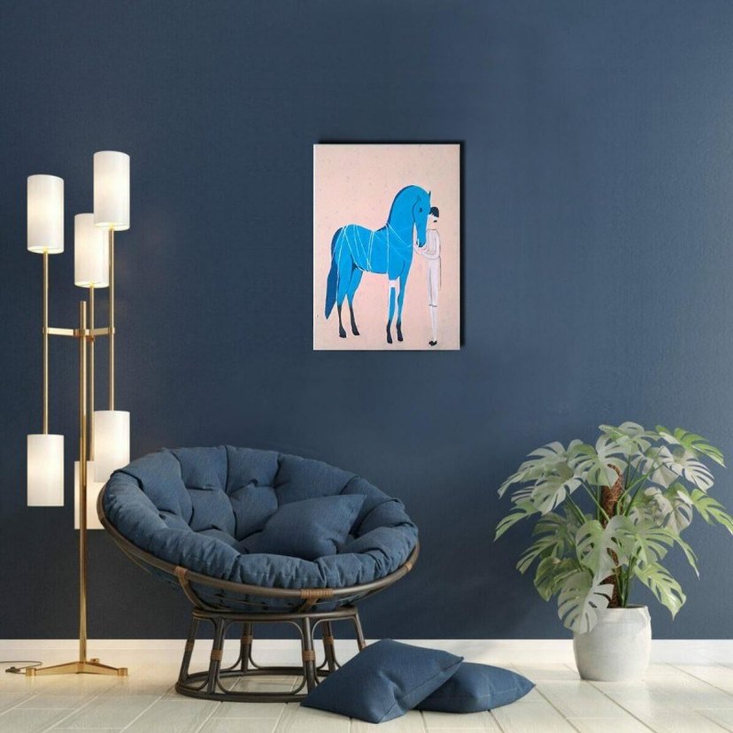 Pastel Mavi At Figürü ve İnsan Akrilik boya tablo - Görsel 2