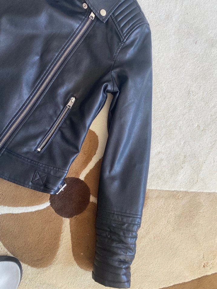 Siyah Deri Kadın Biker Ceket - Görsel 3