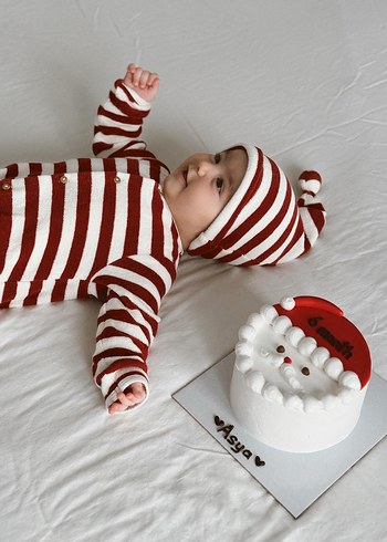 9 Ay Beden beyaz Renk Bebek Erkek Çizgili Örgü Tulum