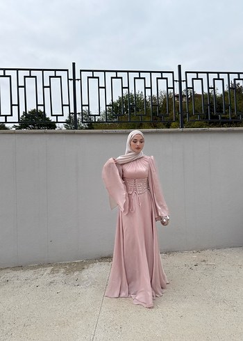 36 Beden pembe Renk Pudra Pembe Uzun Abiye Elbise