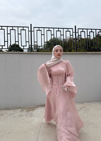 36 Beden Pudra Pembe Uzun Abiye Elbise