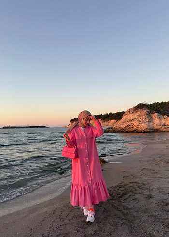 m Beden Pembe Uzun Kol Drapeli Salaş Elbise