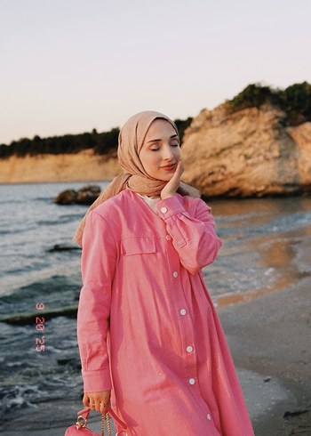 Aker Pembe Uzun Kol Drapeli Salaş Elbise