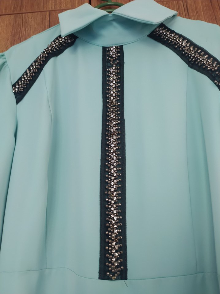 Düğmeli Turkuaz Uzun Kollu Kadın Elbise - Görsel 2