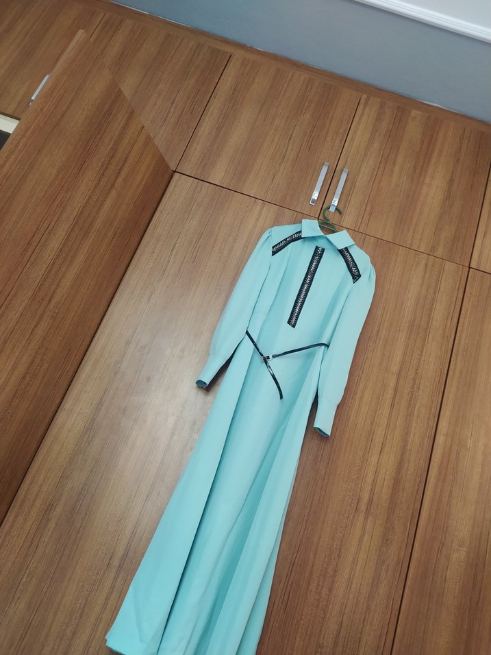 Düğmeli Turkuaz Uzun Kollu Kadın Elbise - Görsel 3