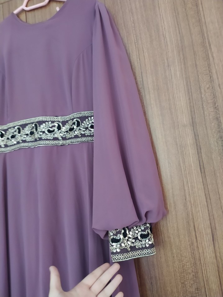 Mor Nakışlı Uzun Kollu Bohem Uzun Abiye - Görsel 3