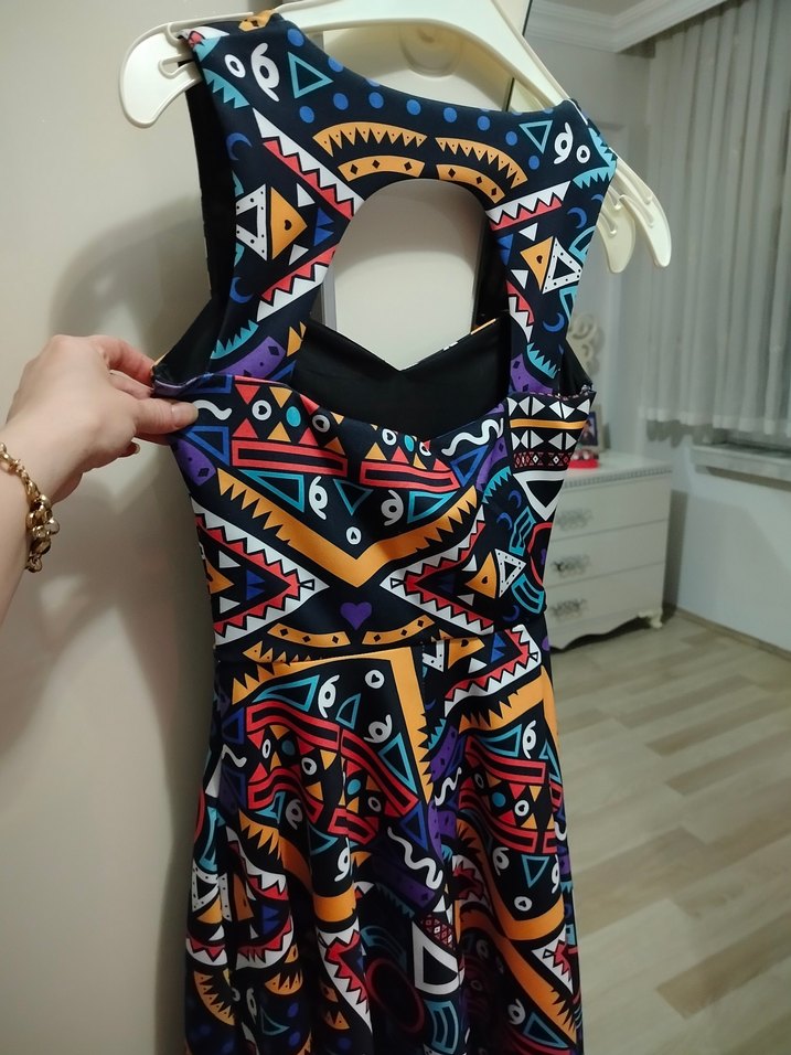 Renkli Desenli Straplez Uzun Kadın Elbise - Görsel 2