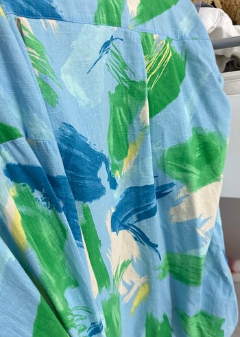 Mavi Baskılı Bol Kesim Keten Gömlek - Görsel 2