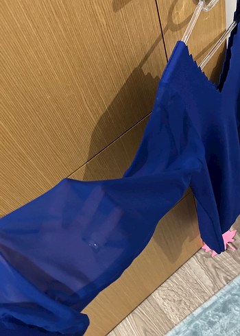 Mavi V Yaka Uzun Kollu Kadın Bluz - Görsel 4