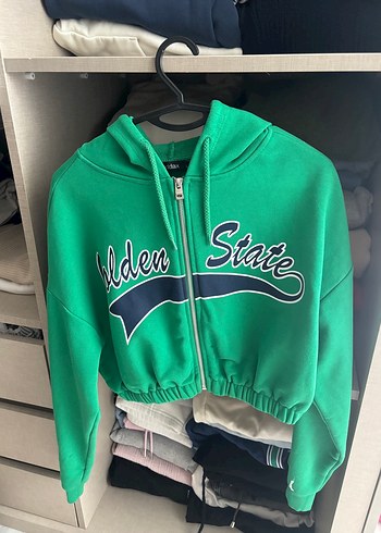 s Beden Yeşil Kapüşonlu Fermuarlı Mini Sweatshirt