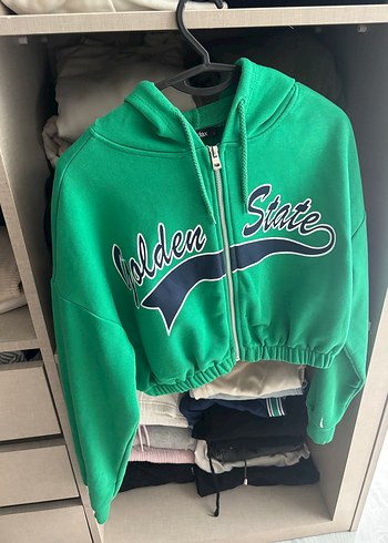 Yeşil Kapüşonlu Fermuarlı Mini Sweatshirt