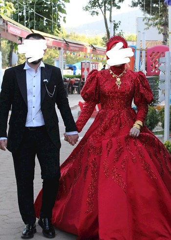 Abiye Kırmızı Parlak Uzun Kollu Drape Henna Elbisesi
