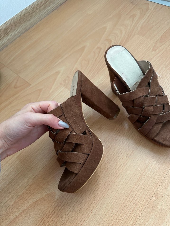 Kahverengi Süet Platform Topuklu Kadın sandalet - Görsel 5