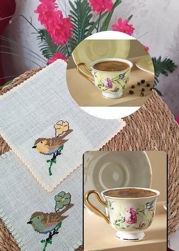 Pastel tonlari English home kuşlu fincan uyumlu peçete