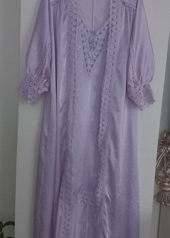 Nakışlı Vintage Uzun Mor Kadın Gecelik ve sabahlık takım