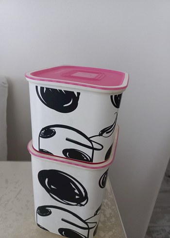 Tupperware pembe Kapaklı İnek Desenli 2 li set Saklama Kabı - Görsel 3