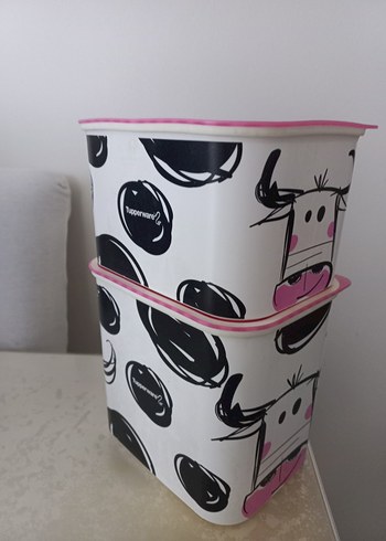 Tupperware pembe Kapaklı İnek Desenli 2 li set Saklama Kabı - Görsel 2