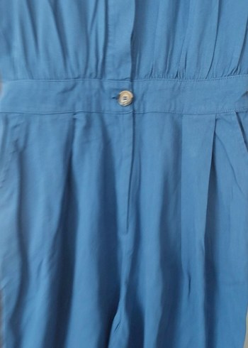 Kadın Kemerli Kolsuz Mavi Keten Tulum - Görsel 2