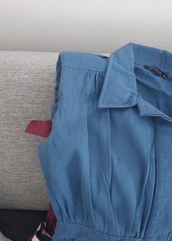 Kadın Kemerli Kolsuz Mavi Keten Tulum - Görsel 7