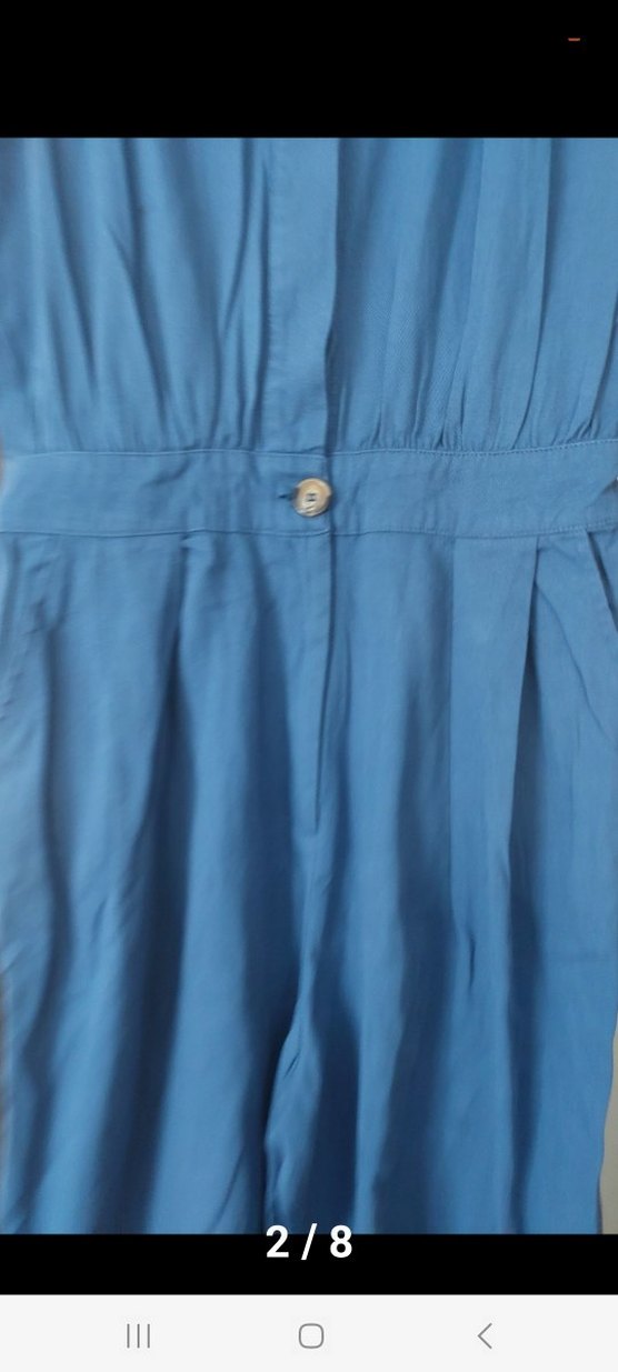 Kadın Kemerli Kolsuz Mavi Keten Tulum - Görsel 2