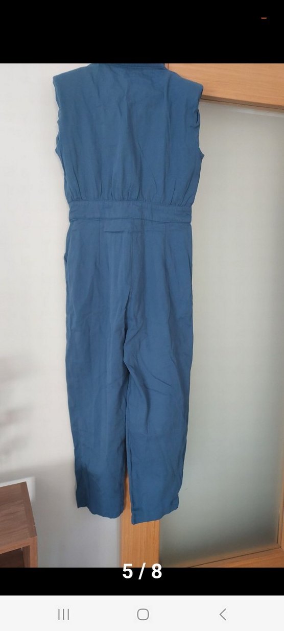 Kadın Kemerli Kolsuz Mavi Keten Tulum - Görsel 5