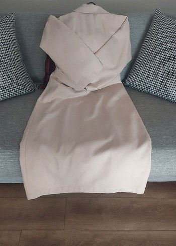 ucuk pembe krem Uzun Kadın Trençkot - Görsel 4