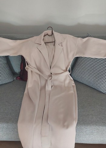 ucuk pembe krem Uzun Kadın Trençkot - Görsel 3
