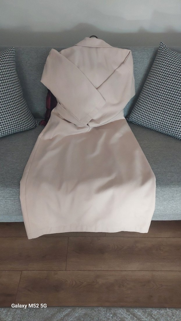 ucuk pembe krem Uzun Kadın Trençkot - Görsel 4