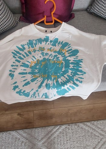 Beyaz Batik Desenli Bohem Kadın Sweatshirt Mavi marka - Görsel 3