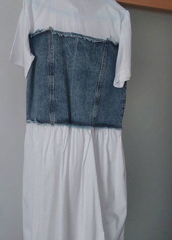 Düğmeli Beyaz Kot Midi Elbise - Görsel 7