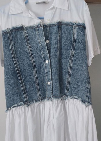 Düğmeli Beyaz Kot Midi Elbise - Görsel 5