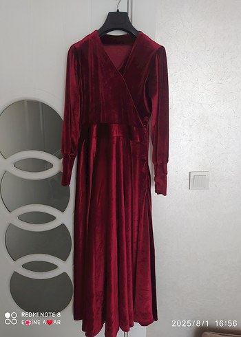 38 Beden bordo Renk Bordo Uzun Kollu V Yaka Uzun Elbise