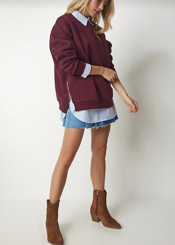 Diğer Bordo Oversize Kadın Sweatshirt