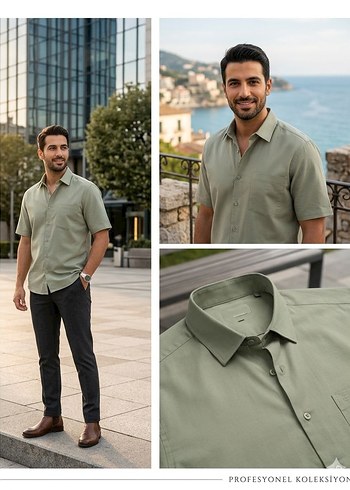 Pull and Bear Erkek Haki Kisa Kollu Regular Fit Gomlek
